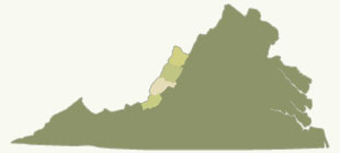Virginia map with Craig County, Alleghany County, County of Bath, and Highland County highlighted
